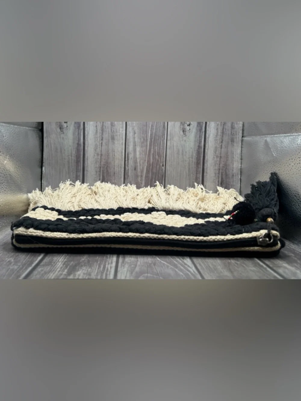 MANGO Boho Embroidered Clutch Bag Woven Cotton Macrame Fringe Black Off White - Picture 6 of 13